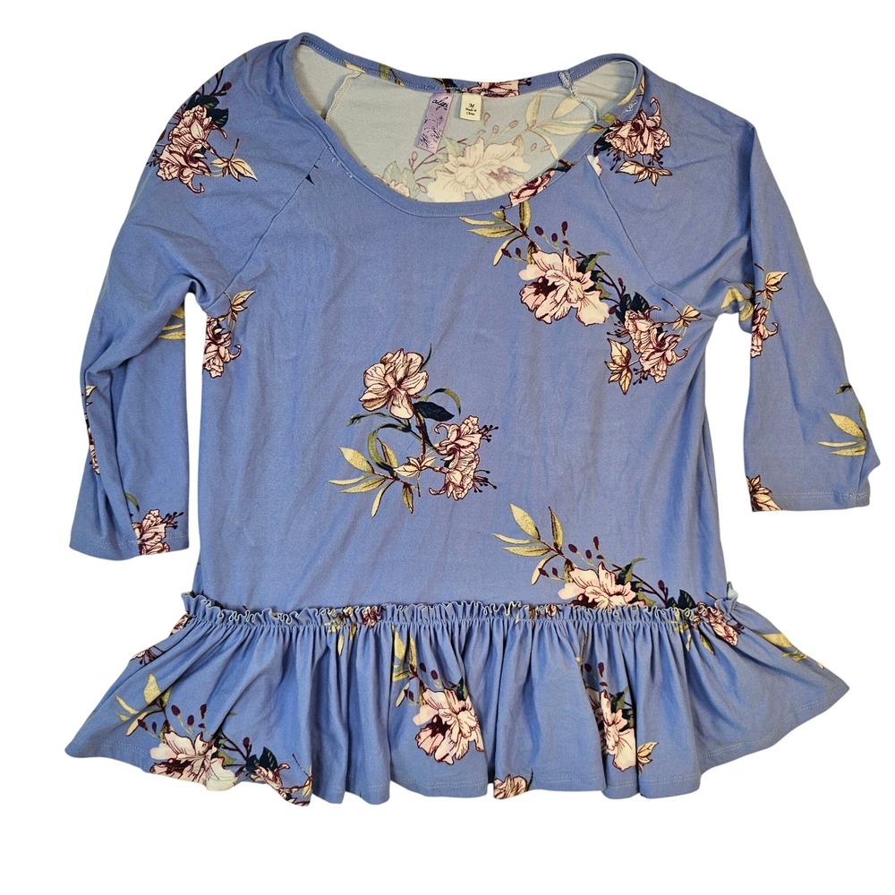 Alya Floral Peplum Top Blue Pink Ruffle Hem Raglan 3/4 Sleeve Scoop Neck Medium